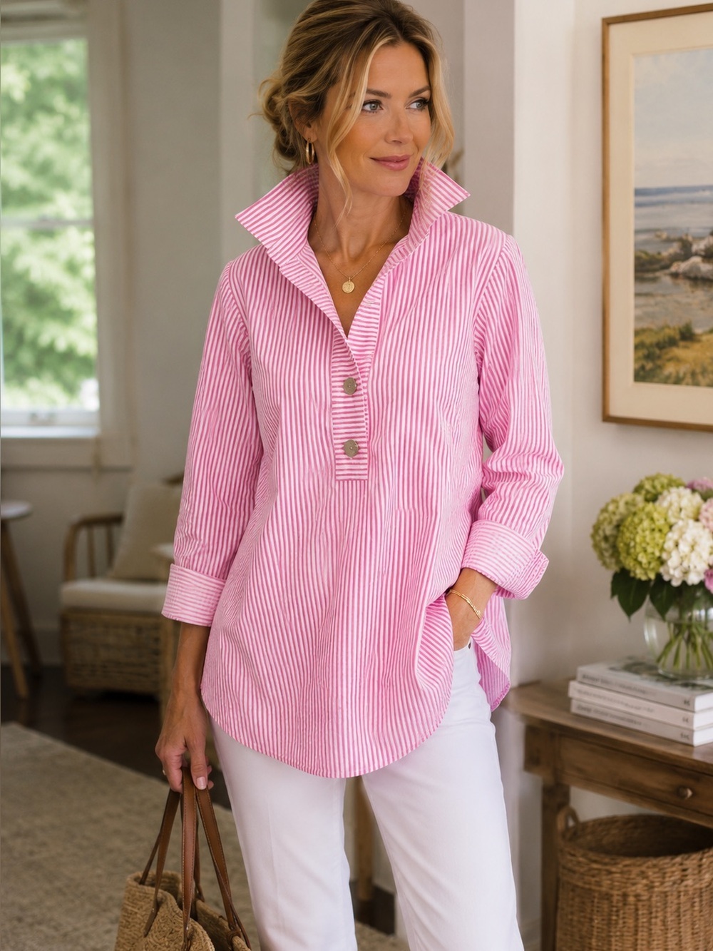J’Envie Havana Pink White Stripe Long Sleeve cotton stretch seersucker tunic 8 M